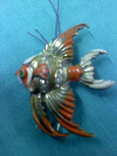 vintage Fur clip-orange and white enamel on goldtone fish with rhinestones