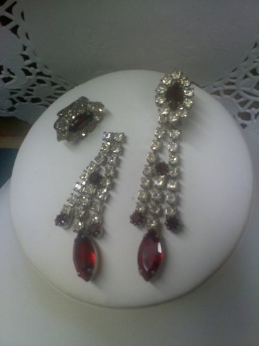 Rhinestone and faux ruby vintage clip earrings - can be worn in two ways