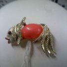 Vintage goldfish with coral cabachon belly with rhinestone eye brooch pin