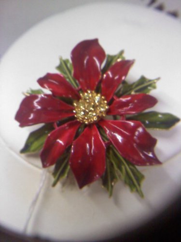 Pretty enameled red poinsettia with rhinestones by ART vintage brooch pin