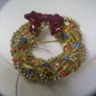 Pretty enameled vintage ART Christmas holly wreath brooch pin