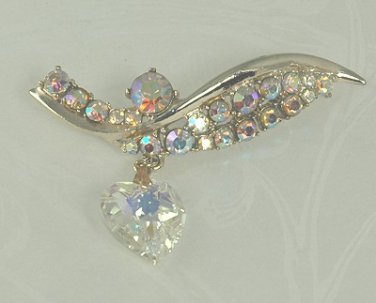 vintage Swoosh Aurora Borealis rhinestone silver brooch pin with dangling crystal heart