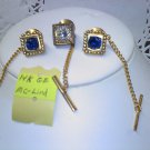 One Vintage 14k GE blue rhinestone tie tac with chain and bar