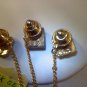 One Vintage 14k GE clear rhinestone tie tac with chain and bar
