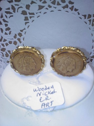 ART Indian Head wooden nickel coin clip earrings vintage clip earrings