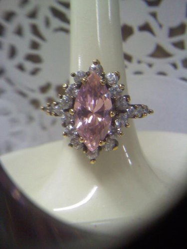 925 sterling silver Pink Ice solitaire with rhinestones cocktail ring - vintage gold plated size 7