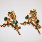Christmas 1992 Avon Reindeer Pin pair Red Rhinestones Green Enamel on goldtone
