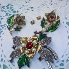 Avon 1996 Faux Marcasite and Pearl Flower Pin Brooch and Earrings Set Red Rhinestones Green Enamel