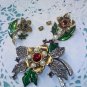 Avon 1996 Faux Marcasite and Pearl Flower Pin Brooch and Earrings Set Red Rhinestones Green Enamel
