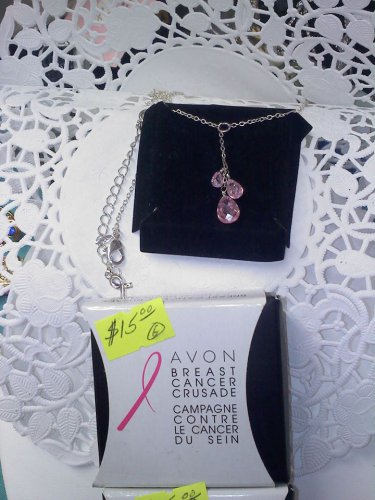 Avon "Breast Cancer Crusade CZ Drop Necklace" New in box 2010 pink