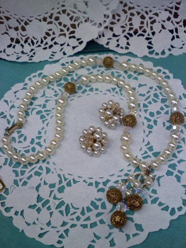Faux pearl, Aurora Borealis crystals and brass filigree beads tassel necklace with clip earrings