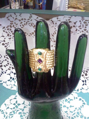 Gold plated with emerald green and amethyst stones Size 10 wide band ring in 18kge - Made in the USA