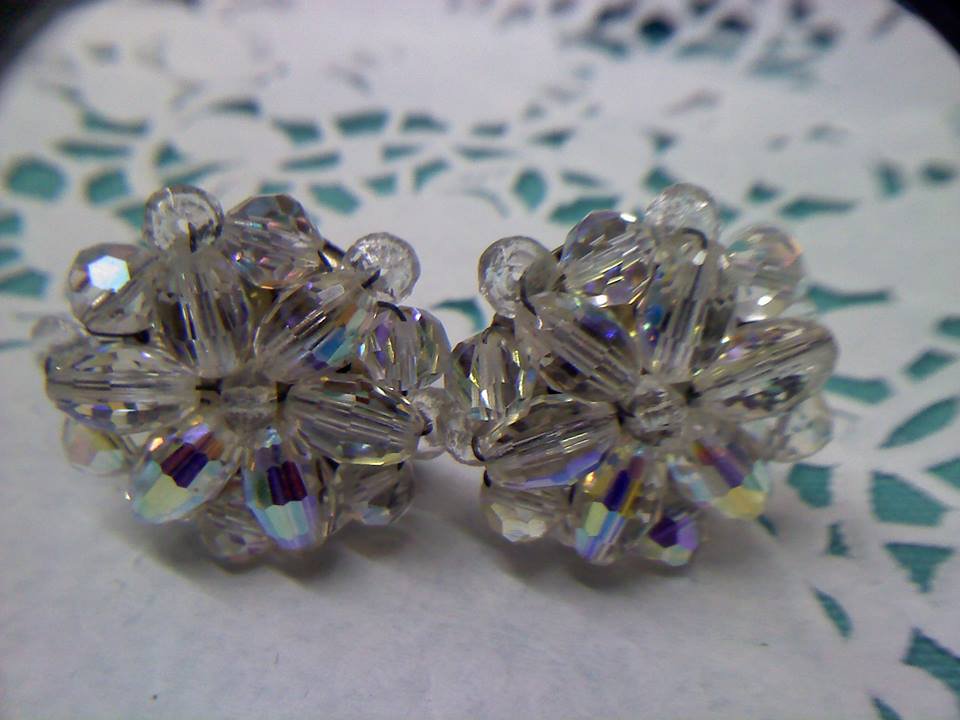 Aurora Borealis crystal bead clip earrings vintage from Germany