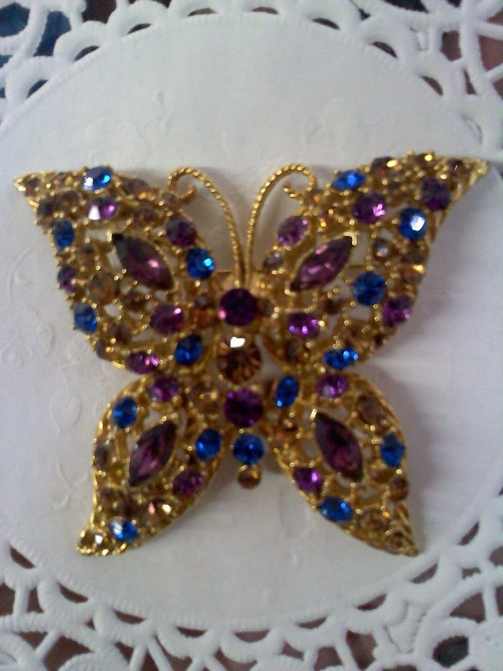 Purple, sapphire blue and topaz rhinestones Butterfly brooch pin set in goldtone
