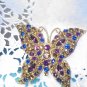 Purple, sapphire blue and topaz rhinestones Butterfly brooch pin set in goldtone