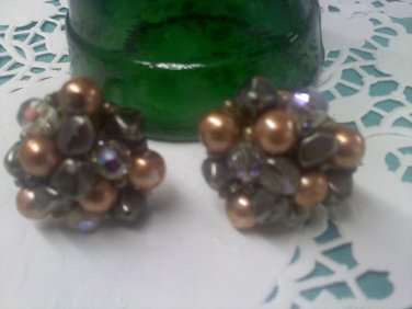 Faux agate, bead and Aurora Borealis crystal vintage clip earrings marked "Made Austria"