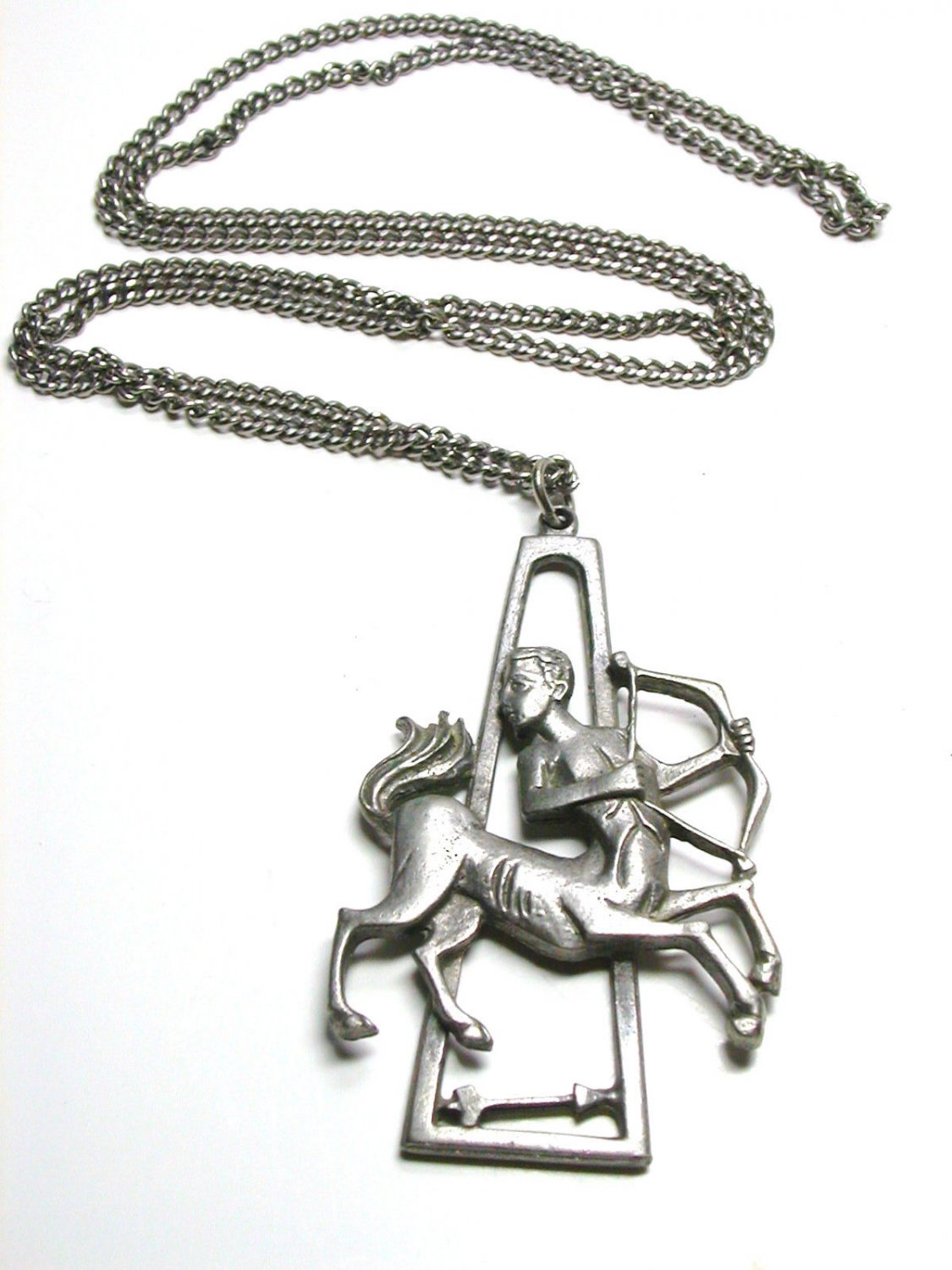 Cathedral Genuine Pewter Sagitarius pendant on a 30 inch long chain vintage zodiac necklace