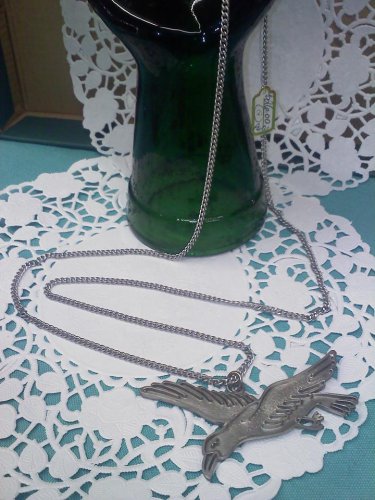 Cathedral Genuine Pewter seagull pendant on a 30 inch long chain vintage necklace 1970's