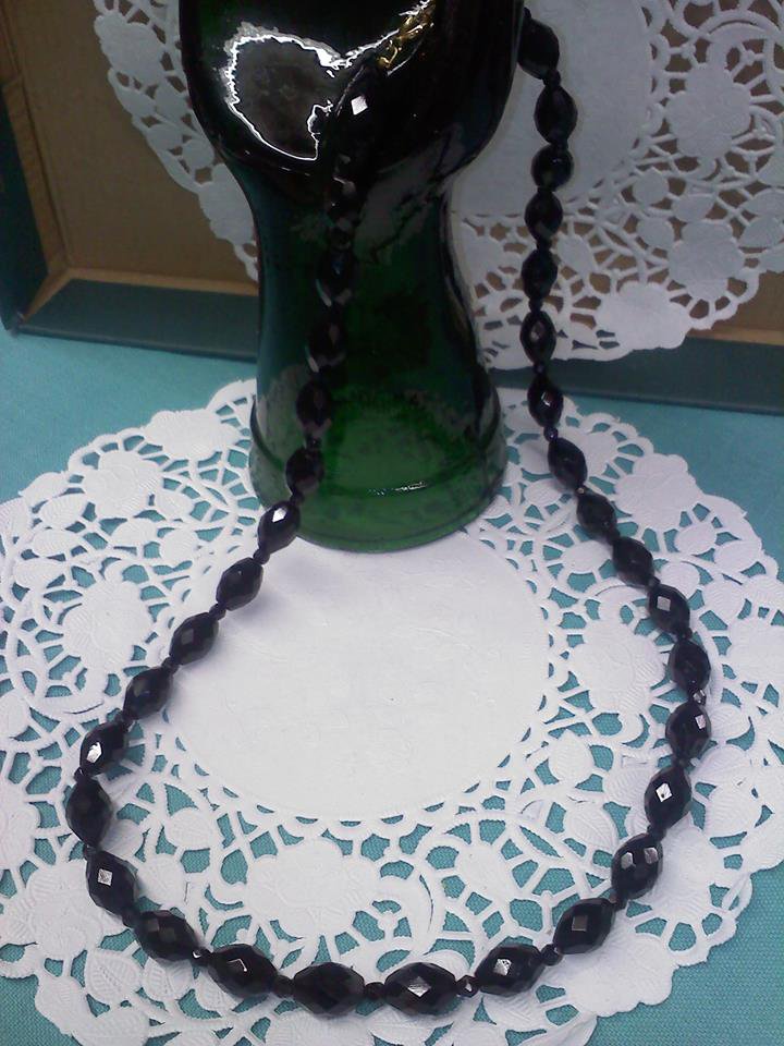 Faceted jet black bead 24 inch long vintage necklace