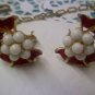 Crown Trifari clip earrings with red and white enamel necklace set in goldtone