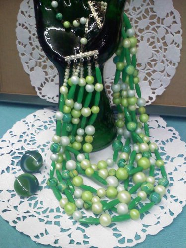 7 strand Lucite, faux pearl and marble... green necklace with clip earrings - Japan