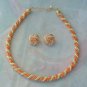 coral color and faux pearl on goldtone twist necklace and pierced earrings set