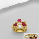 Brass and 18k Gold Plating Fresh Water Pearl and Ruby Layered Ring