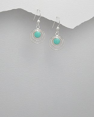Sterling Silver Circle in Circle Light Green Turquoise Dangle Hook Earrings