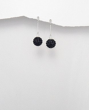 Sterling Silver Straight Black Crystal Orb Ball Dangle Butterfly Stud Earrings
