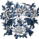 UNTITLED*ORIENT*ASIAN*TWO DRAGON KOI FISH W/CHRYSANTHEMUMS*IN WHITE/BLUES*PRINT