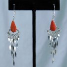 NEW*VINTAGE*1990*PERU*HANDMADE*DELICATE SILVER DANGLE EARRINGS*CORAL JASPER*7 HAMMERED TWIST WIRES