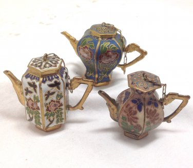 RESERVEDMini Ornamental Teapots - Lot of 3 -  Blue White Beige with Flowers and butterflies
