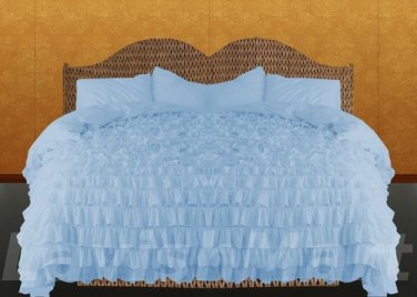 100% COTTON 800 TC  RUFFLED DUVET SET KING SIZE SKY BLUE