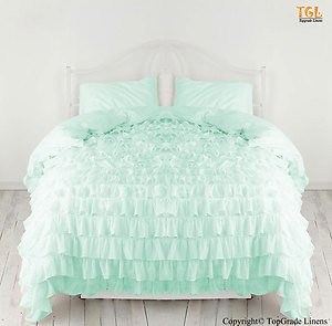 100% COTTON 800 TC  RUFFLED DUVET SET TWIN SIZE AQUA GREEN