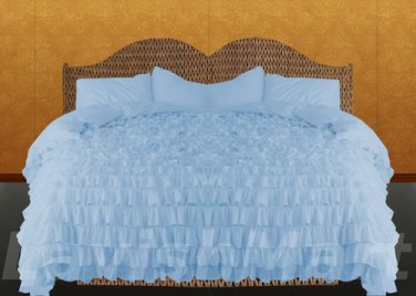 100% COTTON 800 TC  RUFFLED DUVET SET TWIN SIZE SKY BLUE