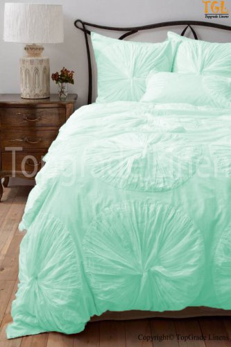 100% COTTON 800 TC FLOWER  RUFFLED  DUVET SET TWIN SIZE AQUA
