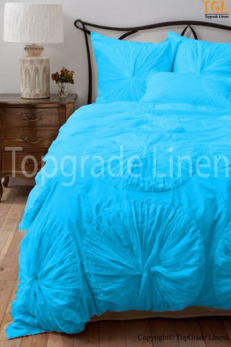 100% COTTON 800 TC FLOWER  RUFFLED  DUVET SET TWIN SIZE ROBBIN BLUE