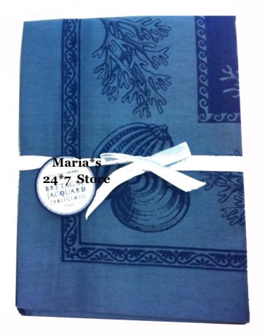 Williams Sonoma Blue Bretagne Jacquard Tablecloth Sea Shells 90" $120