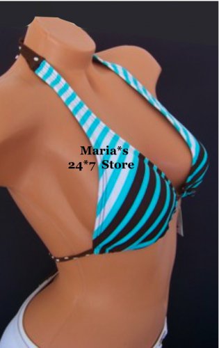 Raisins Stripe Blue Bikini Halter Top Swim Suit Women's M
