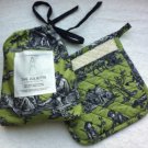 Williams Sonoma Toile Green Apron Set with Pot Holder Mitt