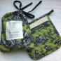 Williams Sonoma Toile Green Apron Set with Pot Holder Mitt
