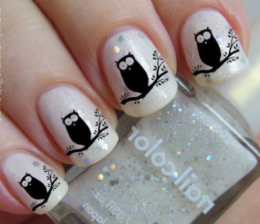 36 Nail Art Decals - Black OWLS on a Tree - Nail Art WaterSlide Tattoo Stickers