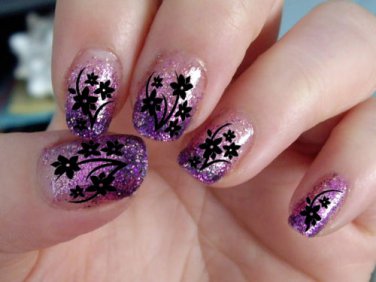 38 Black CHERRY BLOSSOMS - DAISIES Nail Art Decals - Professional Salon Results