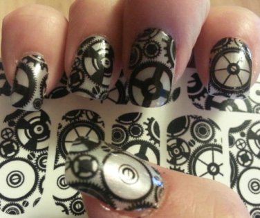 BLACK GEARS Nail Art Decals - Full Nail Decoration Long or Short Nails STEAMPUNK