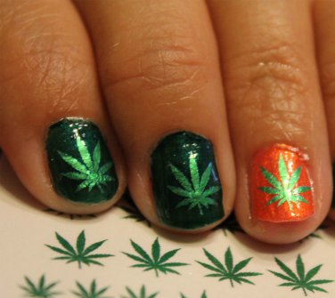 Green Metallic POT LEAVES Nail Art (PTM) Pot Leaf MARIJUANA Waterslide Decals