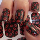 KISSING LIPS Nail Art (KLF) Full Nail Wrap Decals Red Lips on Black Waterslide