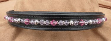 Horse Size 16" Beaded Black Padded Leather BrowBand - Pink