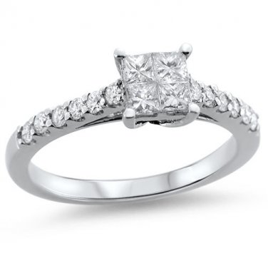 18k White Gold  E-F/SI  0.70 ct Princess Cut & Round Diamonds Engagement Ring
