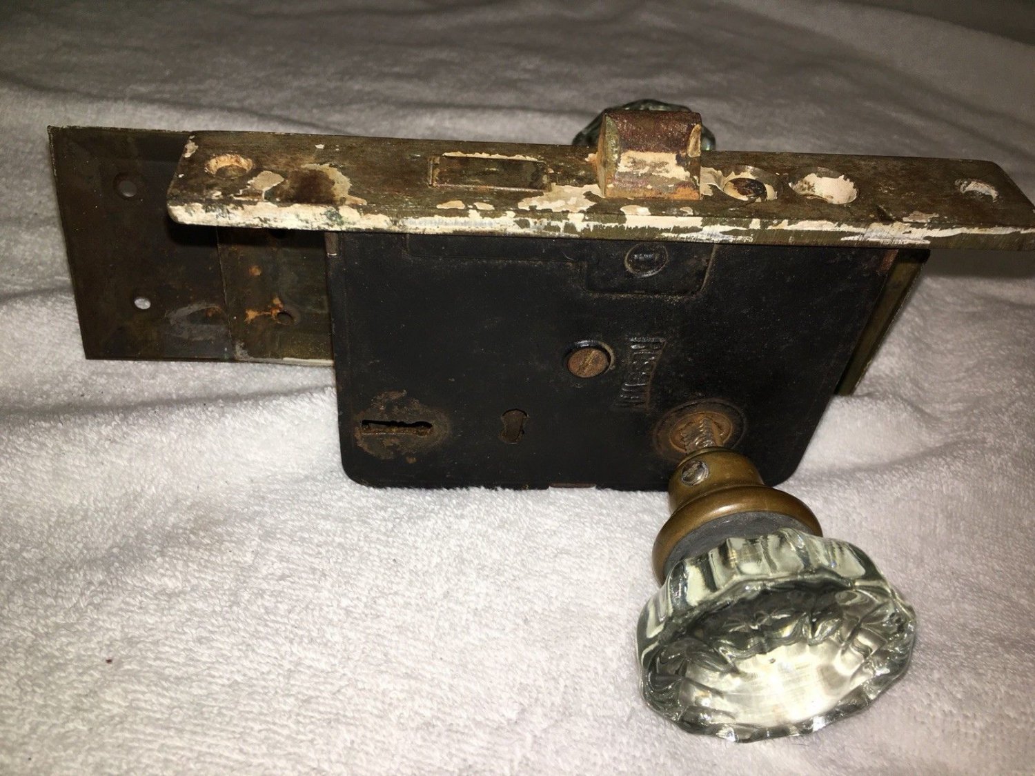 Vintage Art Deco RUSSWIN Mortise Door Lock Set, Matching 12 pt. Crystal