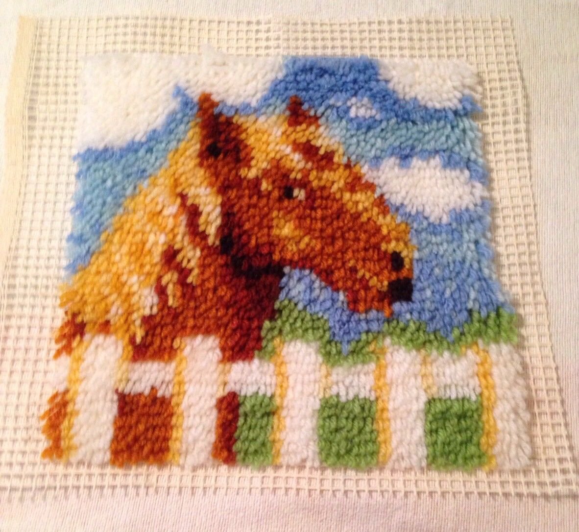 New Wonderart LATCH HOOK Finished HORSE PONY FENCE SCENE 12" sq PILLOW top WALL